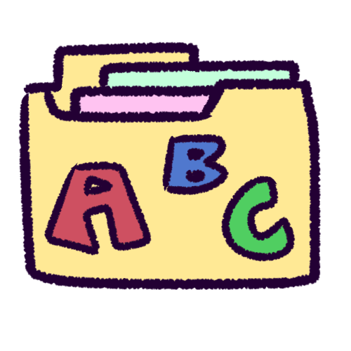 A drawing of a pale yellow manilla folder with the letters “A”, “B”, and “C” written on the front as block letters in different colors. The folder has pink and green papers inside. 